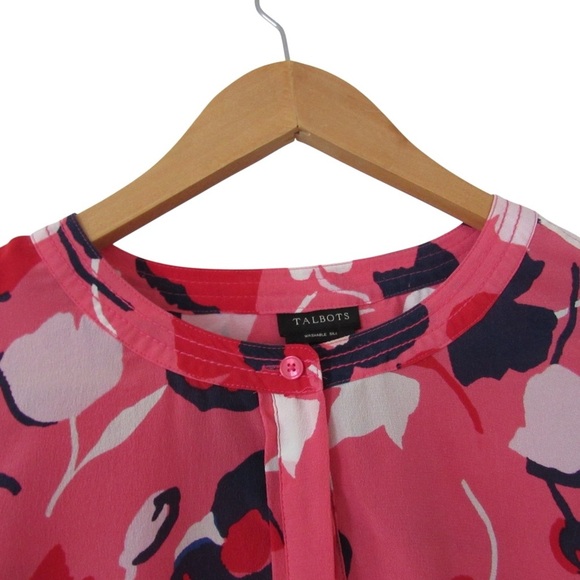 Talbots Pink Red Floral Silk Blouse Large Long Sleeves Roll Tab Careerwear - Picture 3 of 11
